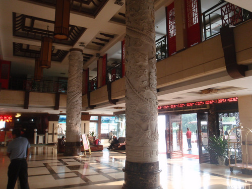 Intricate carved columns of the hotel.